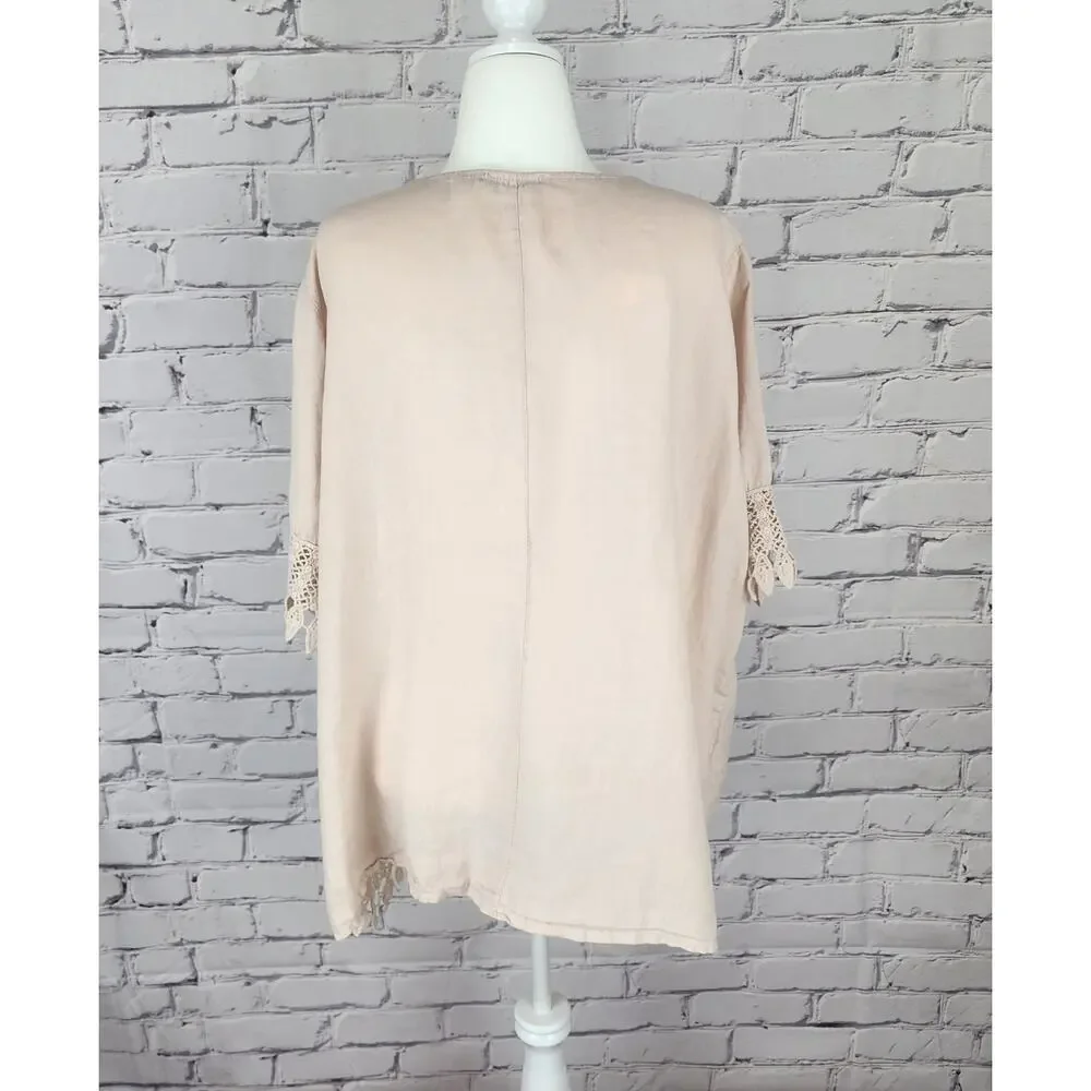 Lung O L’arno Beige 100% Linen Round Neck Top 3/4 Sleeves Lace Trimmed Size 3XL - Picture 2 of 9